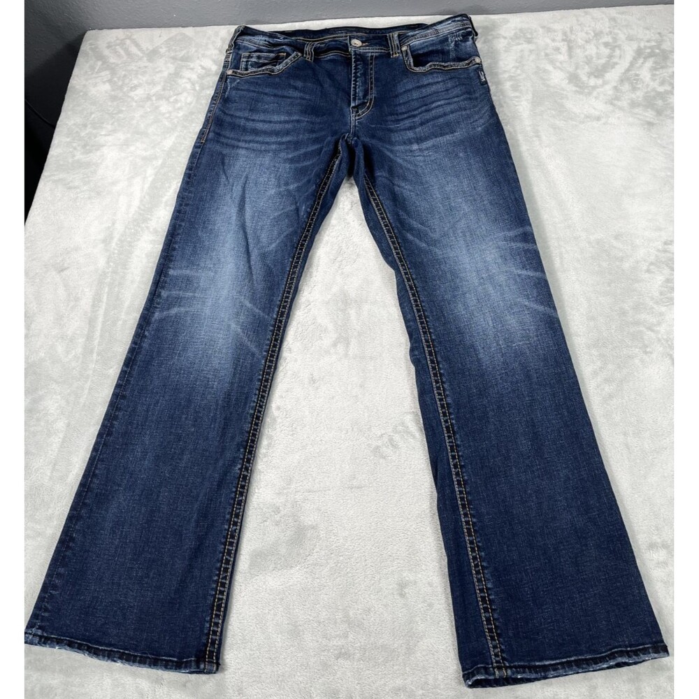 Silver Jeans Co. Zac Mens 34x32 Relaxed Fit Straight Leg Blue Denim Distressed